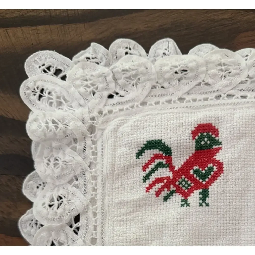 Vintage MCM Handmade CROSS STITCH Placemats Set Of 6 Folk Art Birds 3760/21
